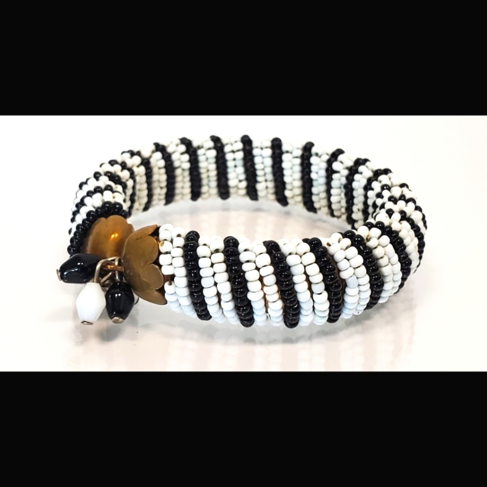 Vintage 90s Glass Seed Bead Brass Cuff Bracelet Bangle Boho White Black